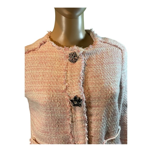 Zara Basic Women’s Size Small Long Sleeve Pink and White Tweed Short Jacket - Picture 2 of 15